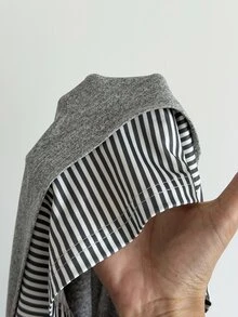 Sunspun Kaos Lengan Panjang Ukuran Besar dengan Kerah Bergaris, Blok Warna, Bordir Logo, Pinggang Diikat, dan Detail Kerut, Cocok untuk Wisuda Musim Gugur, Klub, dan Gaya Kasual Elegan Warna Abu-abu. - Grey - View 7