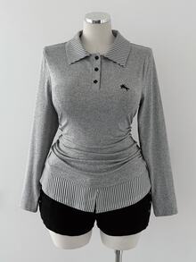 Sunspun Kaos Lengan Panjang Ukuran Besar dengan Kerah Bergaris, Blok Warna, Bordir Logo, Pinggang Diikat, dan Detail Kerut, Cocok untuk Wisuda Musim Gugur, Klub, dan Gaya Kasual Elegan Warna Abu-abu. - Grey - View 6