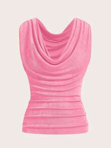 SHEIN ICON Women's Solid Color Draped Neck Casual Versatile Daily Wear Top,Pink Top - Pink - View 5