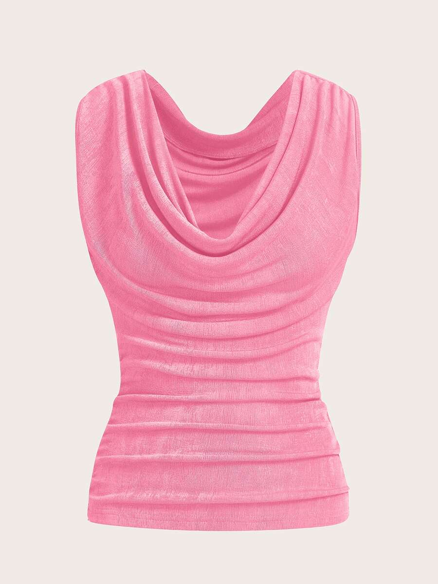 SHEIN ICON 女士纯色垂褶领休闲百搭日常上衣 - 粉色 - 查看 1