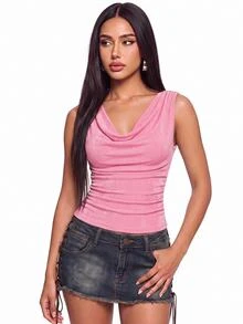 SHEIN ICON Women's Solid Color Draped Neck Casual Versatile Daily Wear Top,Pink Top - Pink - View 1
