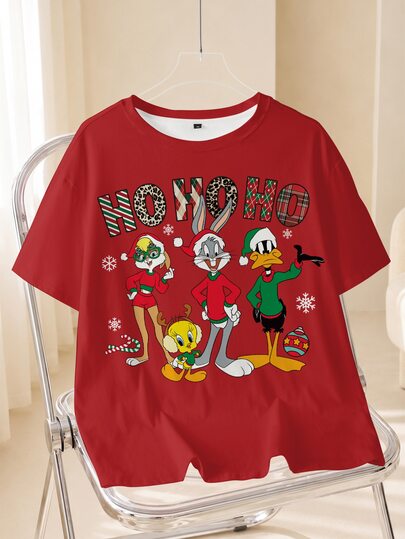 LOONEY TUNES X SHEIN Plus Size Women's Letter Print Round Neck Short Sleeve Casual T-Shirt