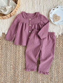 SHEIN 2件組女嬰粉色格紋開襟衫套裝，秋冬90年代家庭款荷葉邊下擺寬鬆格紋套裝，可愛休閒幼兒兩件式穿搭 - 西瓜粉 - 查看 2