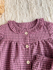 SHEIN 2件組女嬰粉色格紋開襟衫套裝，秋冬90年代家庭款荷葉邊下擺寬鬆格紋套裝，可愛休閒幼兒兩件式穿搭 - 西瓜粉 - 查看 7