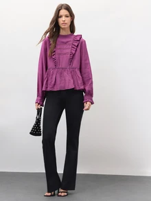 Nöista Ruffle Blouse With Lace Trim And A Peplum Hem. Blouse For Office Wear, Holiday,Day-To-Night, Winter,Fall, Autumn, Formal Event, Back School. - Purple - View 4
