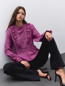 Nöista Ruffle Blouse With Lace Trim And A Peplum Hem. Blouse For Office Wear, Holiday,Day-To-Night, Winter,Fall, Autumn, Formal Event, Back School. - Purple - View 1