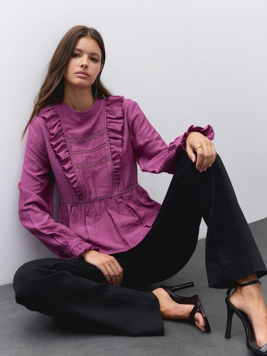Nöista Ruffle Blouse With Lace Trim And A Peplum Hem. Blouse For Office Wear, Holiday,Day-To-Night, Winter,Fall, Autumn, Formal Event, Back School. - Purple - View 1