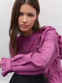 Nöista Ruffle Blouse With Lace Trim And A Peplum Hem. Blouse For Office Wear, Holiday,Day-To-Night, Winter,Fall, Autumn, Formal Event, Back School. - Purple - View 5
