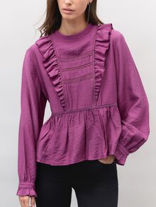 Nöista Ruffle Blouse With Lace Trim And A Peplum Hem. Blouse For Office Wear, Holiday,Day-To-Night, Winter,Fall, Autumn, Formal Event, Back School. - Purple - View 2