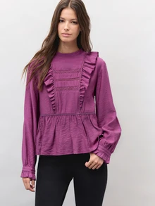 Nöista Ruffle Blouse With Lace Trim And A Peplum Hem. Blouse For Office Wear, Holiday,Day-To-Night, Winter,Fall, Autumn, Formal Event, Back School. - Purple - View 3