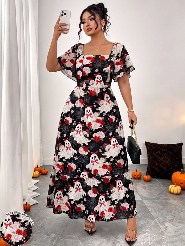 Modelyn Women's Plus Size Halloween Fun Ghost Floral Spider Web Print Black Dress, Women's Fashion Square Neck Short Sleeve Dress, Spring/Summer Long Casual Dress, Women's Long Halloween Theme Pattern Dress, Elegant Arabic Style Outfit