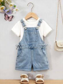SHEIN Tween Girl Pocket Casual Cute Daily Vacation Holiday Denim Overalls Shorts Light Blue Summer - Blue - View 1