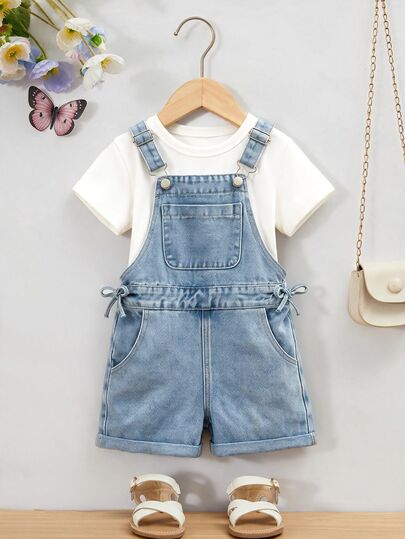 SHEIN Tween Girl Pocket Casual Cute Daily Vacation Holiday Denim Overalls Shorts Light Blue Summer