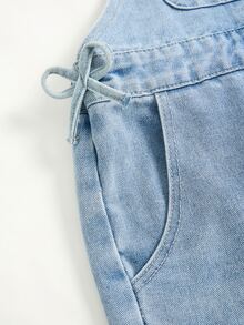 SHEIN Tween Girl Pocket Casual Cute Daily Vacation Holiday Denim Overalls Shorts Light Blue Summer - Blue - View 6