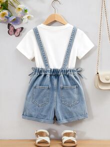 SHEIN Tween Girl Pocket Casual Cute Daily Vacation Holiday Denim Overalls Shorts Light Blue Summer - Blue - View 2
