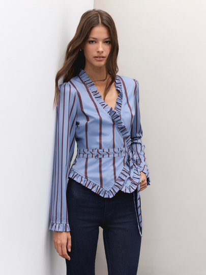 Nöista Blue Striped Wrap Blouse With Ruffled Trim, Tie Waist And Long Sleeves. Fall, Winter, Autumn, Everyday Look, University, Office, Cozy, Shirt, Elegant