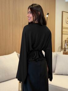 Yohana Edit Women's Solid Color Pleated Casual Versatile Daily Travel T-Shirt - Black - View 2