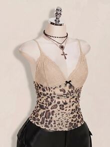 SHEIN ICON Women's Plus Size Lace Patchwork Leopard Print Camisole Date Night Rave White Summer Sexy Y2k Halloween Party Club - Multicolor - View 4