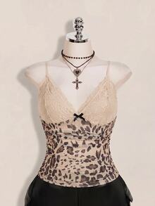 SHEIN ICON Women's Plus Size Lace Patchwork Leopard Print Camisole Date Night Rave White Summer Sexy Y2k Halloween Party Club - Multicolor - View 7