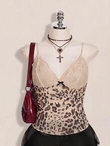 SHEIN ICON Women's Plus Size Lace Patchwork Leopard Print Camisole Date Night Rave White Summer Sexy Y2k Halloween Party Club - Multicolor - View 10