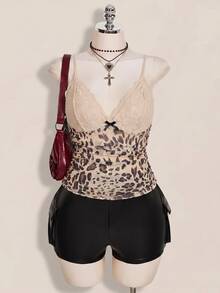 SHEIN ICON Women's Plus Size Lace Patchwork Leopard Print Camisole Date Night Rave White Summer Sexy Y2k Halloween Party Club - Multicolor - View 6