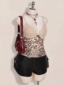 SHEIN ICON Women's Plus Size Lace Patchwork Leopard Print Camisole Date Night Rave White Summer Sexy Y2k Halloween Party Club - Multicolor - View 11