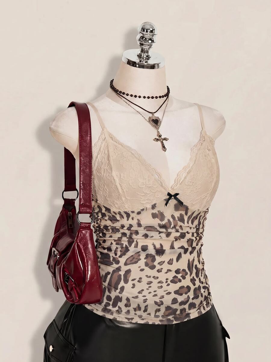 SHEIN ICON Women's Plus Size Lace Patchwork Leopard Print Camisole Date Night Rave White Summer Sexy Y2k Halloween Party Club - Multicolor - View 1