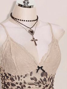 SHEIN ICON Women's Plus Size Lace Patchwork Leopard Print Camisole Date Night Rave White Summer Sexy Y2k Halloween Party Club - Multicolor - View 5