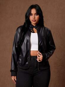 Whyspr Plus Zip Up PU Leather Jacket Winter - Black - View 1