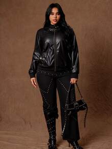 Whyspr Plus Zip Up PU Leather Jacket Winter - Black - View 7