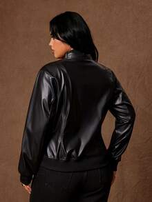 Whyspr Plus Zip Up PU Leather Jacket Winter - Black - View 2