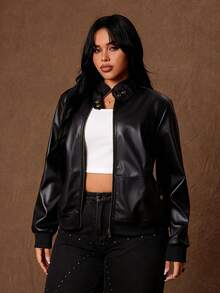 Whyspr Plus Zip Up PU Leather Jacket Winter - Black - View 5