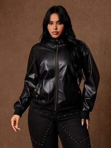 Whyspr Plus Zip Up PU Leather Jacket Winter - Black - View 4
