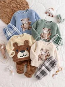 SHEIN Baby Boy Baby Girl Cartoon Pattern Round Neck Long Sleeve Pullover Winter Top Casual Long Pants Home Wear 2-Piece Set,Halloween Fall School Christmas - Brown - View 5