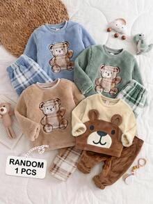 SHEIN Baby Boy Baby Girl Cartoon Pattern Round Neck Long Sleeve Pullover Winter Top Casual Long Pants Home Wear 2-Piece Set,Halloween Fall School Christmas - Brown - View 2
