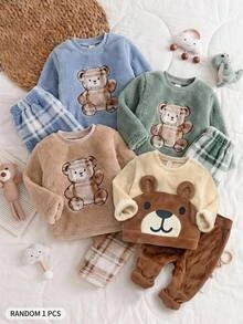 SHEIN Baby Boy Baby Girl Cartoon Pattern Round Neck Long Sleeve Pullover Winter Top Casual Long Pants Home Wear 2-Piece Set,Halloween Fall School Christmas - Brown - View 3