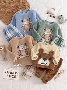 SHEIN Baby Boy Baby Girl Cartoon Pattern Round Neck Long Sleeve Pullover Winter Top Casual Long Pants Home Wear 2-Piece Set,Halloween Fall School Christmas - Brown - View 1