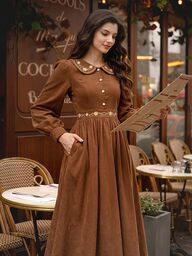 Vintamour Vintage Elegant Women's Floral Embroidered Peter Pan Collar Button Long Dress, Casual Holiday Festival Autumn/Winter