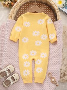 SHEIN Baby Girls' Newborn Floral Print Long Sleeve Romper, Pink Autumn Jumpsuit, Cute All-Over Pattern, Suitable For Various Occasions - Yellow - View 2