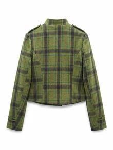 Nöista Jaket Wanita dengan Motif Kotak-kotak Hijau dan Khaki, Tampilan Militer dengan Kancing Oriental di Bagian Depan, Sempurna untuk Kembali ke Sekolah, dan Tampilan Sehari-hari di Musim Gugur dan Musim Dingin. - Hijau - View 11