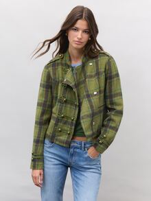 Nöista Jaket Wanita dengan Motif Kotak-kotak Hijau dan Khaki, Tampilan Militer dengan Kancing Oriental di Bagian Depan, Sempurna untuk Kembali ke Sekolah, dan Tampilan Sehari-hari di Musim Gugur dan Musim Dingin. - Hijau - View 2