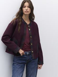 Nöista Burgundy Like Overcoat With Plaid Collar,Button Front,Contrast Pockets And Long Sleeves. Fall,Winter,Office, College,Back To School,Outerwear. - Burgundy - View 1