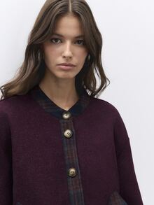 Nöista Burgundy Like Overcoat With Plaid Collar,Button Front,Contrast Pockets And Long Sleeves. Fall,Winter,Office, College,Back To School,Outerwear. - Burgundy - View 7