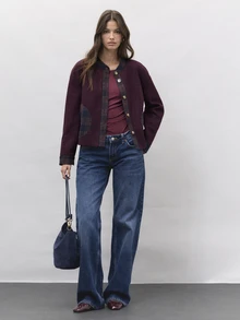 Nöista Burgundy Like Overcoat With Plaid Collar,Button Front,Contrast Pockets And Long Sleeves. Fall,Winter,Office, College,Back To School,Outerwear. - Burgundy - View 5
