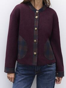 Nöista Burgundy Like Overcoat With Plaid Collar,Button Front,Contrast Pockets And Long Sleeves. Fall,Winter,Office, College,Back To School,Outerwear. - Burgundy - View 4