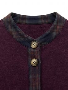 Nöista Burgundy Like Overcoat With Plaid Collar,Button Front,Contrast Pockets And Long Sleeves. Fall,Winter,Office, College,Back To School,Outerwear. - Burgundy - View 10