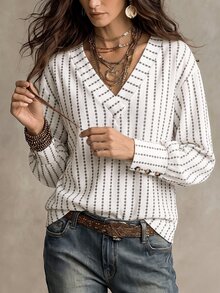 Breezaya 女款黑白紋理V領長袖襯衫，鈕扣袖口寬鬆休閒圓弧下擺上衣，適合外出夜生活秋季穿著 - 彩色 - 查看 4