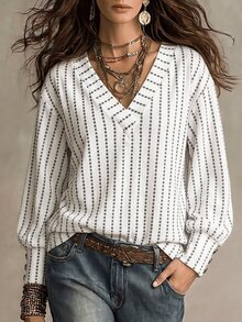 Breezaya 女款黑白紋理V領長袖襯衫，鈕扣袖口寬鬆休閒圓弧下擺上衣，適合外出夜生活秋季穿著 - 彩色 - 查看 1