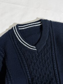 Kids Clothes Young Boy Commuter School Style Cable Knit Texture Sweater Round Neck Long Sleeve Comfortable Suitable For Commuting School Casual Street Style Party Outing - Navy Blue - View 7