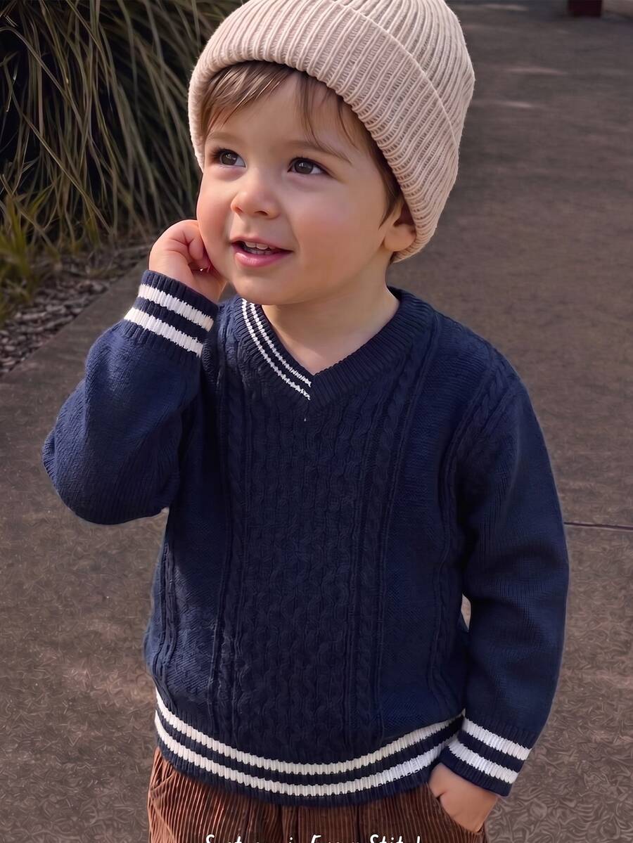 Kids Clothes Young Boy Commuter School Style Cable Knit Texture Sweater Round Neck Long Sleeve Comfortable Suitable For Commuting School Casual Street Style Party Outing - Navy Blue - View 1